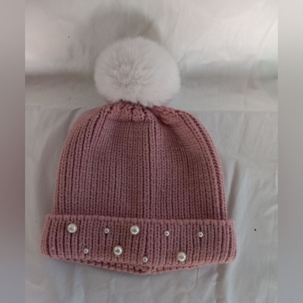 First Steps By Stepping Stones Girl's Sparkles & Pearls Pink Chunky Knit Pom Pom
